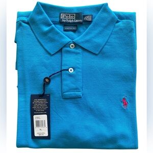 Ralph Lauren polo NWT men’s XL custom fit. Torques blue w/pink horse.